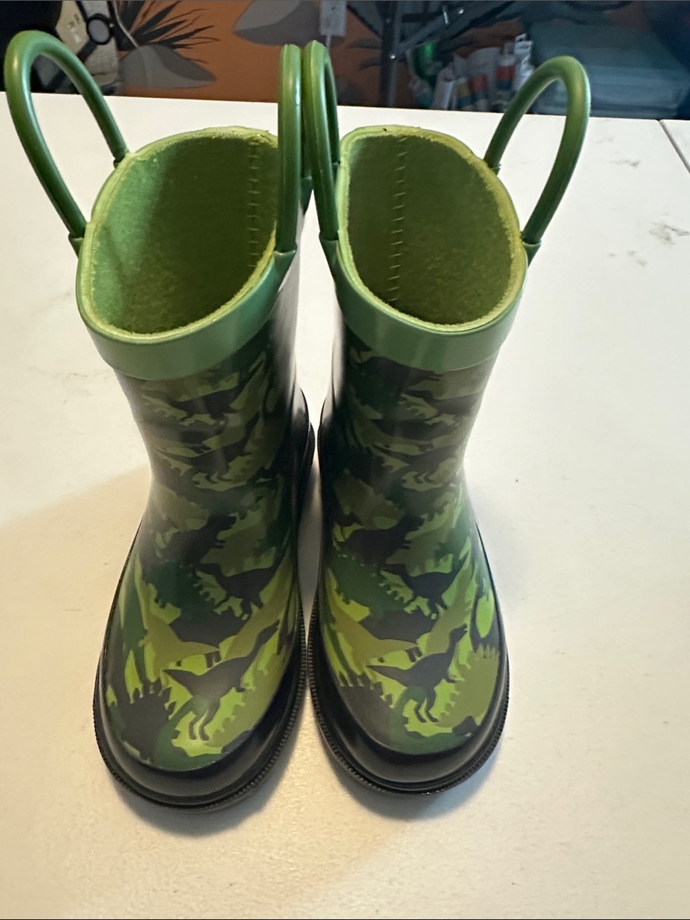 Kids Green Dinosaur Camo Rain Boots